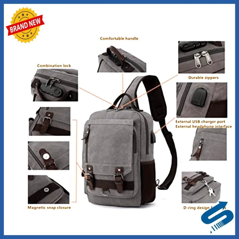 Vintage Canvas Crossbody Messenger Bag with Charging Port for Travel